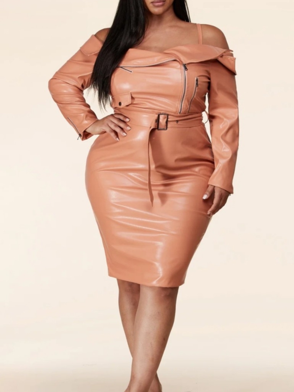 L'ATISTE Off-Shoulder Faux Leather Jacket Dress in Peach